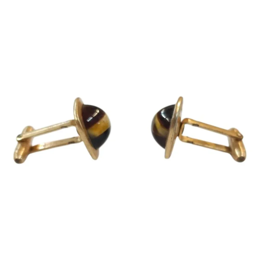 Correct Quality Tigers Eye Cufflinks Brown Yellow Vintage Gold Tone MCM Jewelry